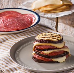 Genoa Salami Eggplant and Smoked Mozzarella stack