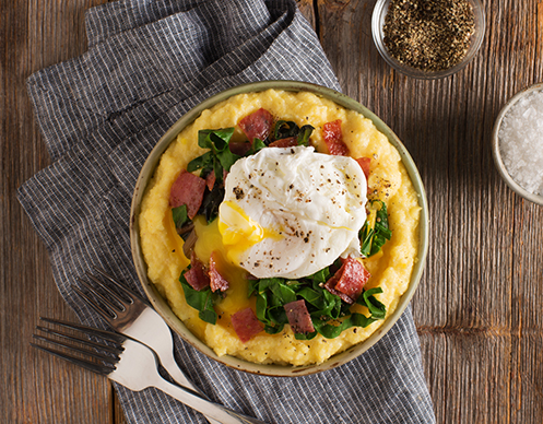 Creamy Polenta with Sautéed Chard, Salami and Poached Eggs