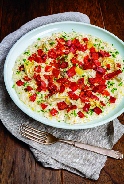 Creamy Artichoke Risotto with Hot Capicollo & Pecorino Romano
