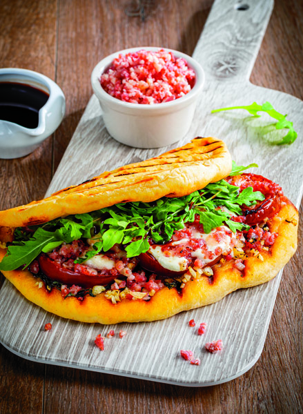 Grilled Heirloom Tomato Piadina with Hard Salami & Mozzarella Cheese Crumbles