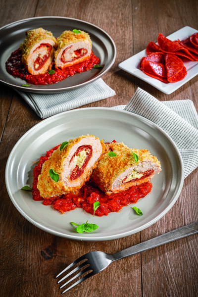Pepperoni & Cheese Stuffed Chicken Milanesa Rolls