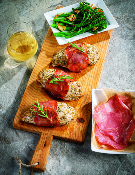Rosemary Sandwich Prosciutto-Wrapped Chicken with Broccolini