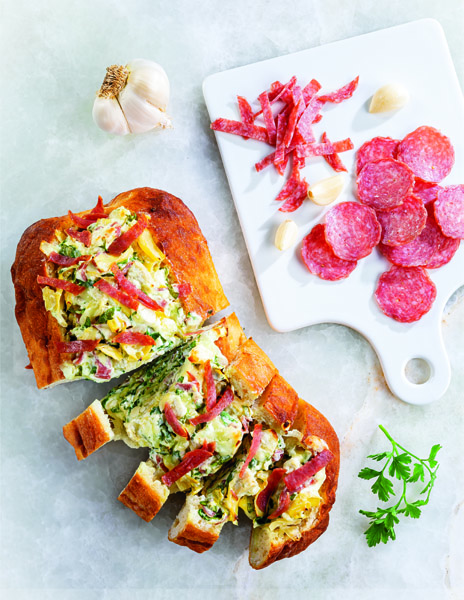 Salami, Spinach & Artichoke Stuffed Pugliese Bread