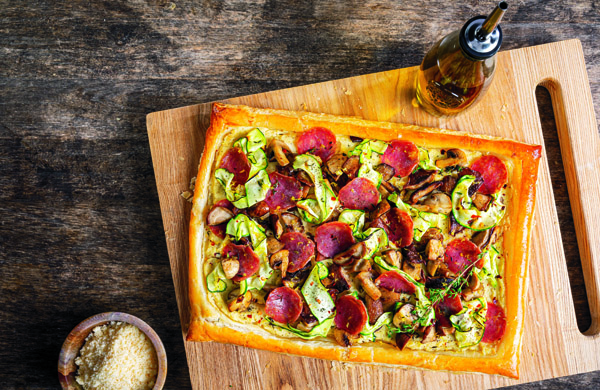Salami, Zucchini & Mushroom Puff Pastry Tart